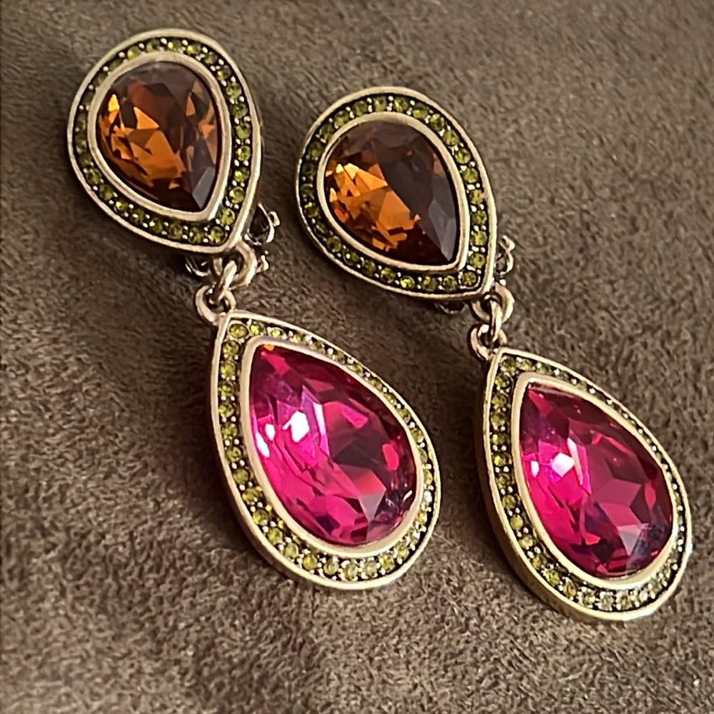 HEIDI DAUS Double Teardrop Topaz/Peridot/Pink Cirean Crystal Earrings